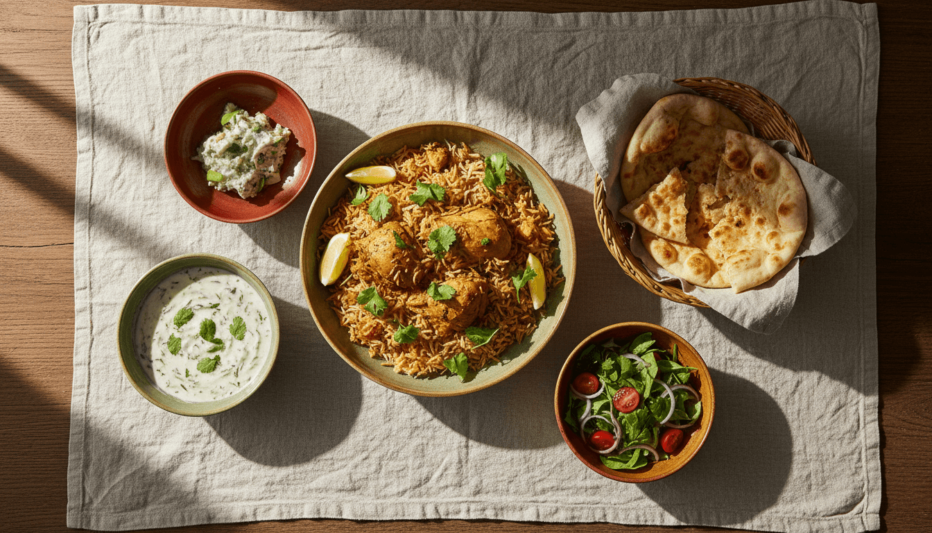 Overhead view of a wooden table set with ceramic bowls of biryani, naan, raita, and salad, garnished with coriander and lemon