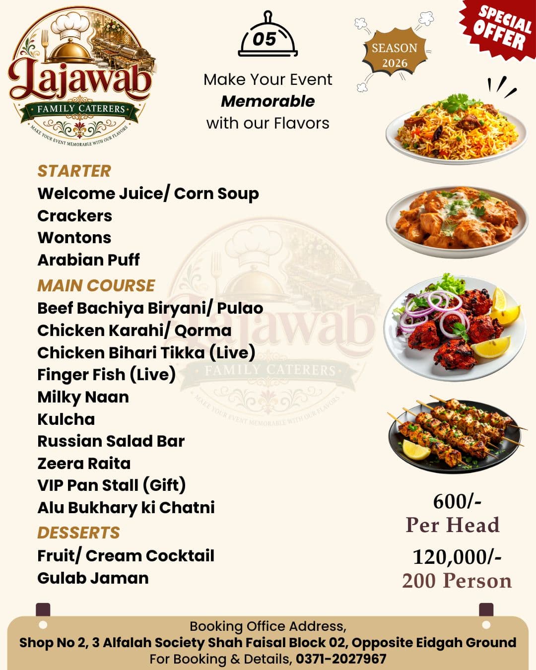 Lajawab Family Caterers menu flyer showcasing starters, main courses, desserts, pricing, and contact details.