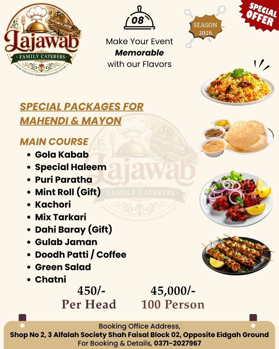 Lajawab Family Caterers menu for Mahendi and Mayon events featuring traditional dishes and pricing.