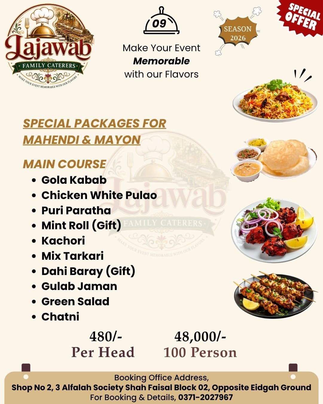 Lajawab Family Caterers menu for Mahendi events listing traditional dishes, pricing, and contact details.